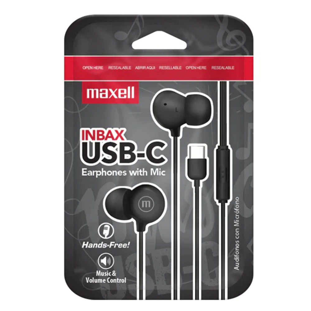 Audífonos alámbricos Maxell INBAX con micrófono y conector USB-C