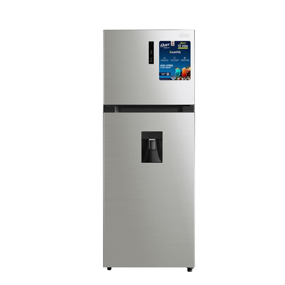 Refrigeradora Oster OS-NFMI1502ESDI Gris metálico con dispensador de agua, capacidad 409 L - 14 Pies Cúbicos