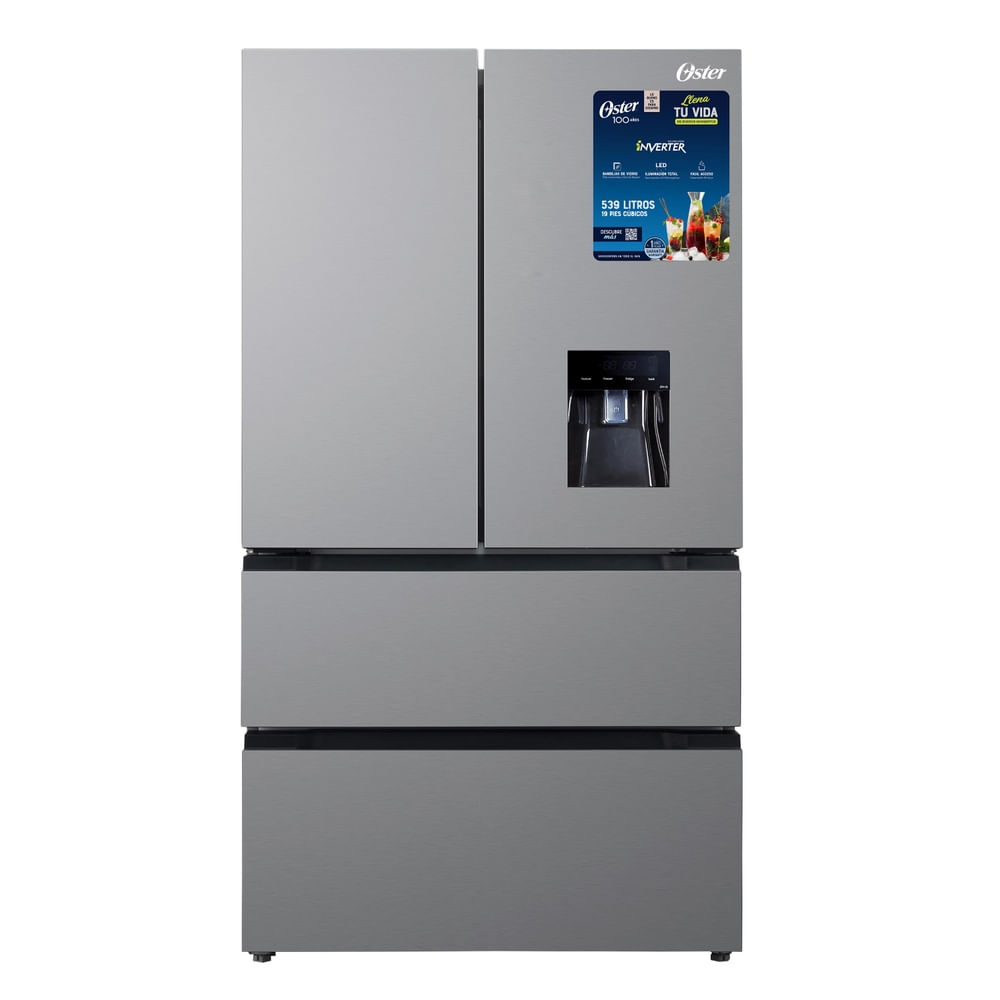 Refrigeradora Oster Frenchdoor Nofrost OS-FDNFSFS2002VDI inverter con dispensador de agua 20 pies cúbicos