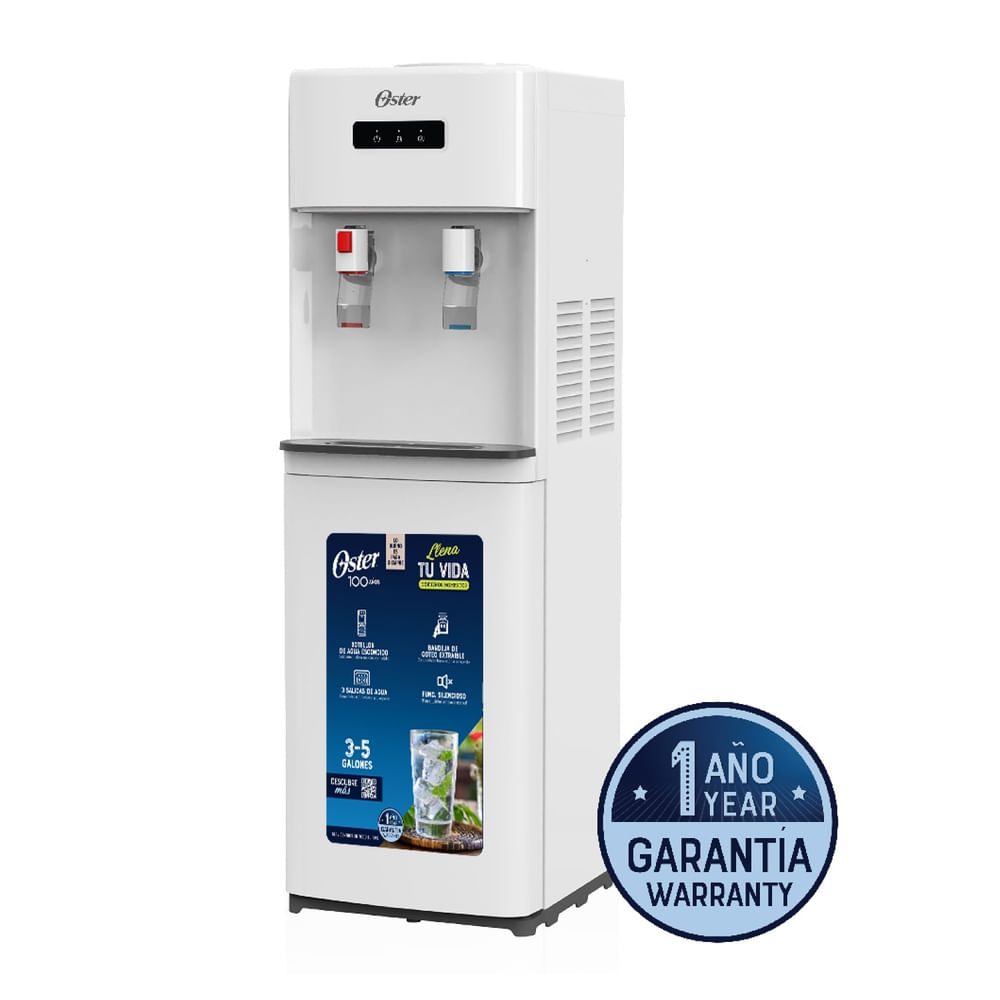 Dispensador de Agua Oster Mod OS-WDMI33W Color blanco, De piso con compartimento, Soporta botellones de 3 – 5 galones.